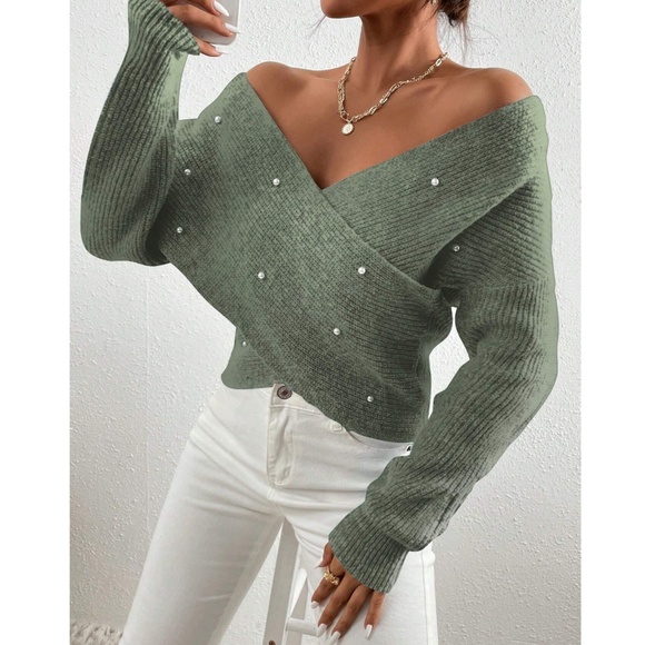 Luxe Faux Pearl Wrap Off Shoulder Sweater Top - Picture 4 of 7